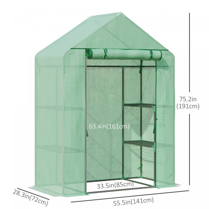 Outsunny Walk In Greenhouse For Outdoor, Portable Gardening Plant Grow House With 2 Tier Shelf, Roll-up Zippered Door, Pe Cover, 55\" W X 28\" D X 75\" H, Green