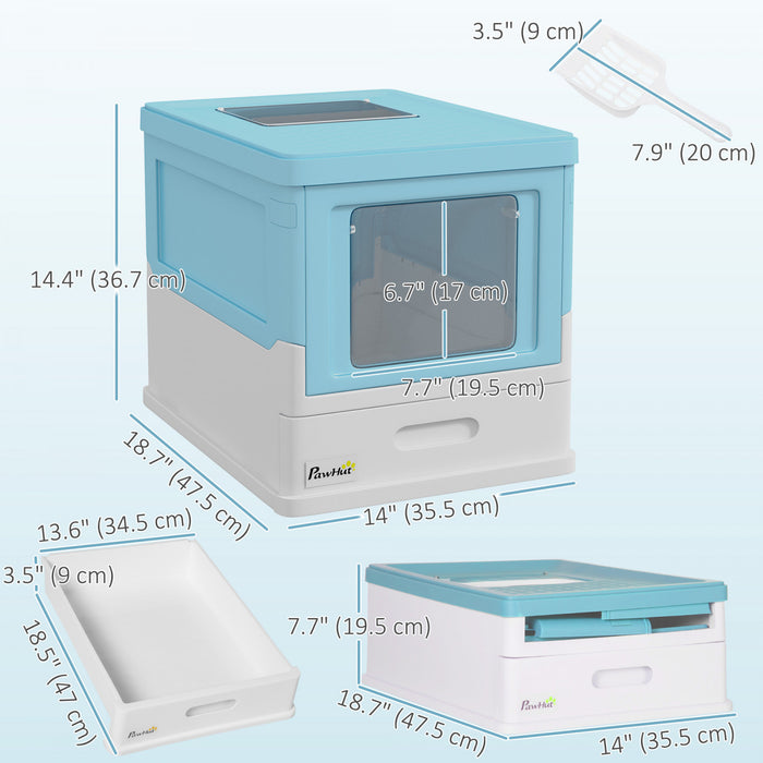PawHut Cat Litter Box, Enclosed Foldable Kitty Litter Box with Scoop, Tray, Front & Top Entry, Large Space, Portable Design, Blue