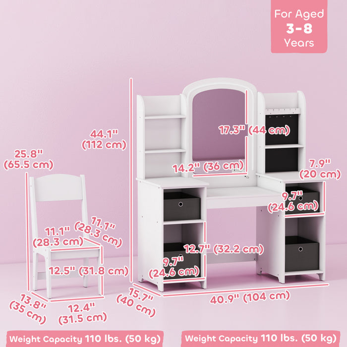 Qaba Kids Vanity Set, Girls Vanity Table and Chair with Lighted Mirror, Cabinet, Fabric Bins, Shelves and Jewellery Hooks, Pretend Makeup Playset for Kids Room, White