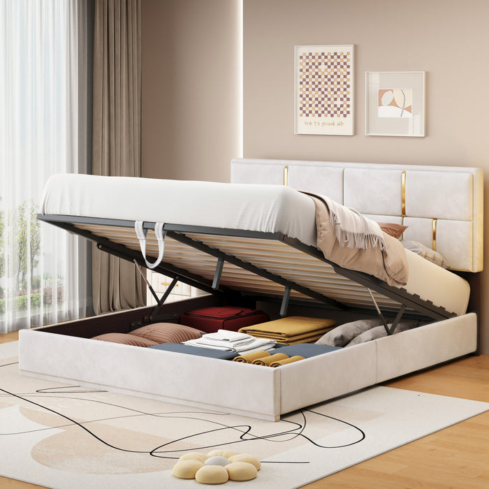 Joyce Upholstered Platform Bed With Hydraulic Storage And Velvet Frame,queen Size,beige Queen Bed