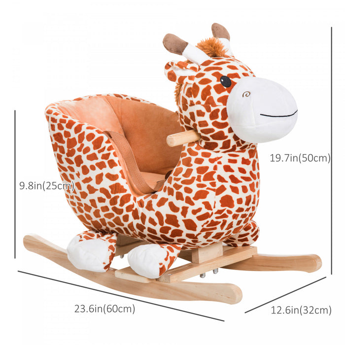 Qaba Wooden Plush Children Kids Rocking Horse Chair For Toddlers With Sound And Safety Belt, Giraffe For Boys And Girls