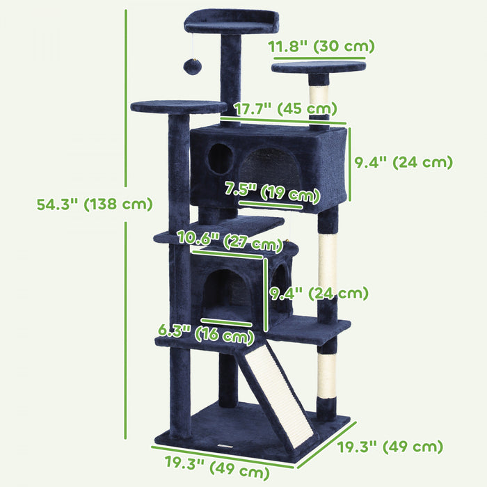 Pawhut 54\" Cat Tree, Cat Tower For Indoor Cats With Scratching Posts, Cat Condos, Bed, Platforms, Ramp, Toy Ball, Cat Activity Center, Dark Blue