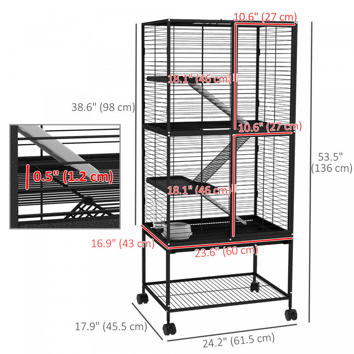 Pawhut Small Animal Cage With Wheels, Pet Playpen For Rat, Kitten, Ferrets, Chinchillas With Bottom Storage Shelf, Removable Tray, Ramp, 24.2\" X 17.9\" X 53.5\", Black