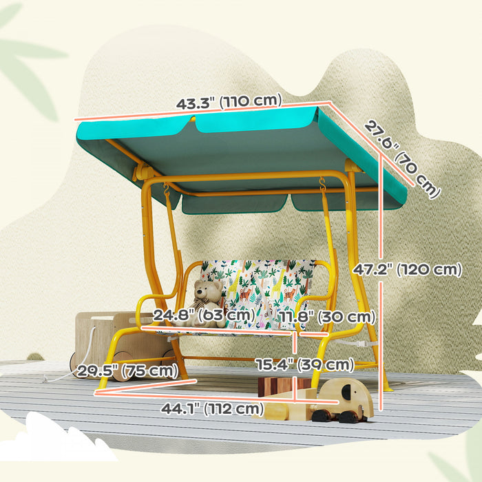 Qaba Kids Porch Swing, 2-Seater Patio Swing Bench Hammock with Safety Belts, Adjustable Canopy, Indoor Outdoor for Backyard, Garden, Poolside, Playroom (Green, Jungle Animal)