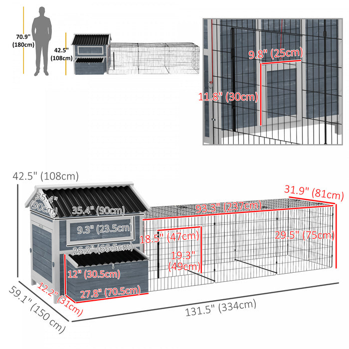 Pawhut 131.5\" Chicken Coop, Large Wooden Hen House, Rabbit Hutch With Run, Nesting Boxes, Slide-out Tray, Perches For 2-4 Chickens, Rabbits, Ducks, Outdoor Use, Dark Grey
