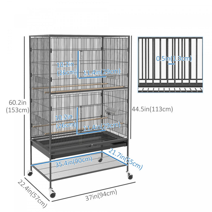 Pawhut 60\" Bird Cage With Stand For Cockatiels Canaries Lovebirds Finches, Budgie Cage With Wheels, Removable Tray, Storage Shelf