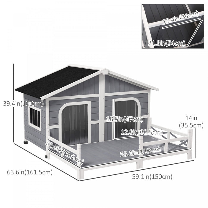 Pawhut 59\"x64\"x39\" Wood Dog House Outdoor Cabin Style Elevated Pet Shelter W/porch Deck, Grey