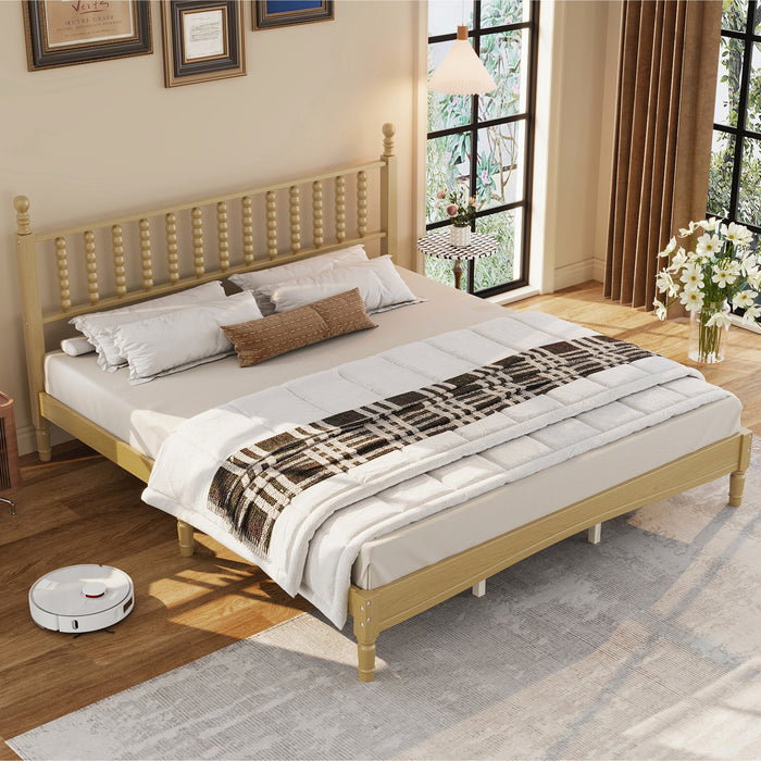 Oliver Retro Wood Platform Bed with Gourd Shaped Headboard and Sturdy Wooden Slat Support,King Size,Natural King Bed