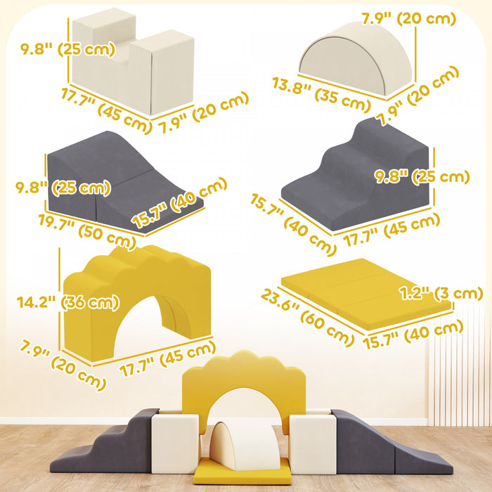 Qaba Baby Soft Play Set, 7-piece Foam Climbing Blocks Set, Indoor Soft Play Gym Activity Play Set For Crawling, Sliding And Playing, Yellow