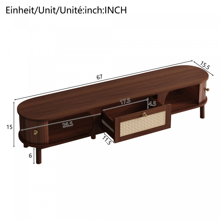 Rustic 67 Inch TV Cabinet with Rattan Sliding Doors and Drawers, Wood