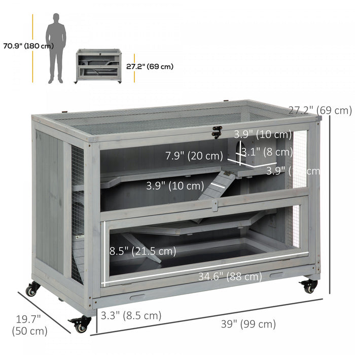 Pawhut 3 Tier Hamster Cage, Wooden Rat Cage Small Animal Habitat With Ladders, Huts, Wheels, Pull-out Tray, For Syrian, Dwarf Hamster, Light Grey