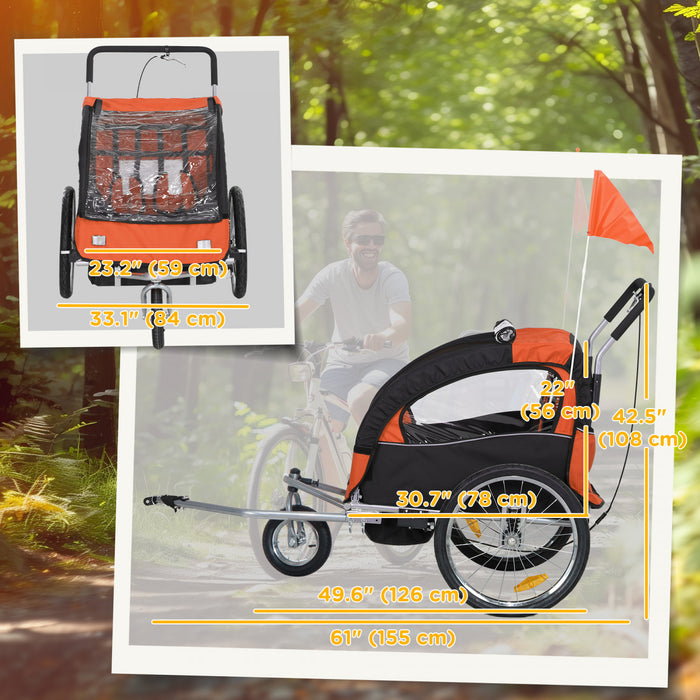 Aosom 2-Seat Bike Trailer for Kids, 2-in-1 Baby Stroller Bicycle Trailer 88 lbs Load with 5-Point Harness, Rubber Wheels, Storage, Safety Flag, Reflectors, Foldable Frame, Orange