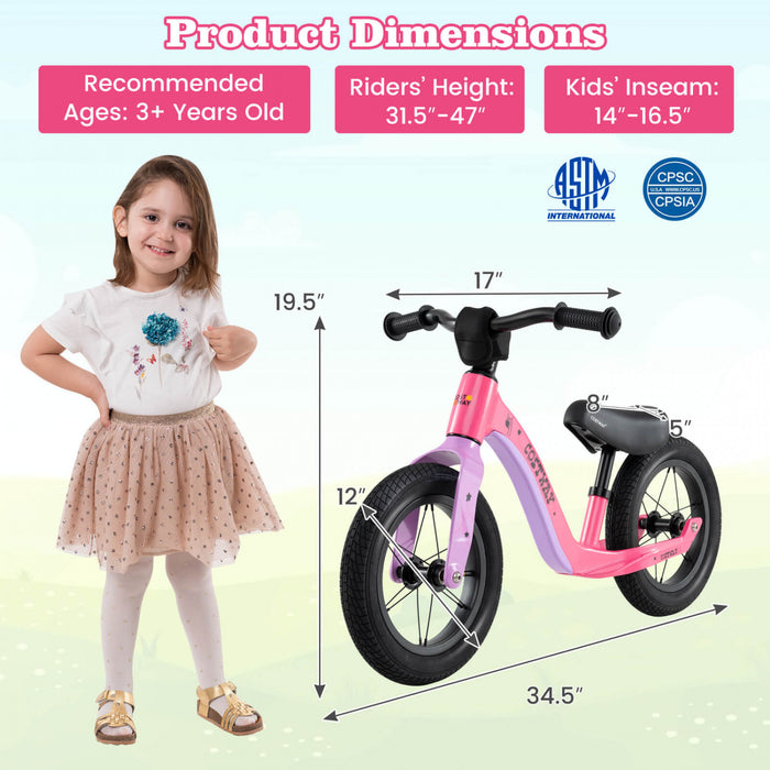 Costway 12 Inch Magnesium Toddler Balance Bike No Pedal Training Toddler Balance Bike Pink