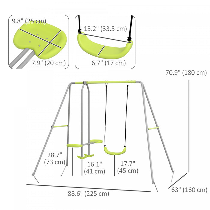 Outsunny 2 in 1 Metal Swing Set with Glider, Swing Seat, Ground Stakes, Kids Swing Set for Backyard, Outdoor, Playground, Green