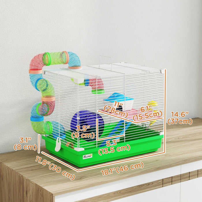 PawHut 18\"L Hamster Cage, Small Animal House, 2-Level Rat Gerbil Haven with Tunnel Tube System, Exercise Wheel, Water Bottle, Food Dish, Ramp, Green