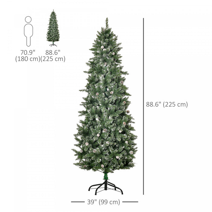 Homcom 7.5ft Flocked Christmas Tree With Pine Cones And Metal Base, Green