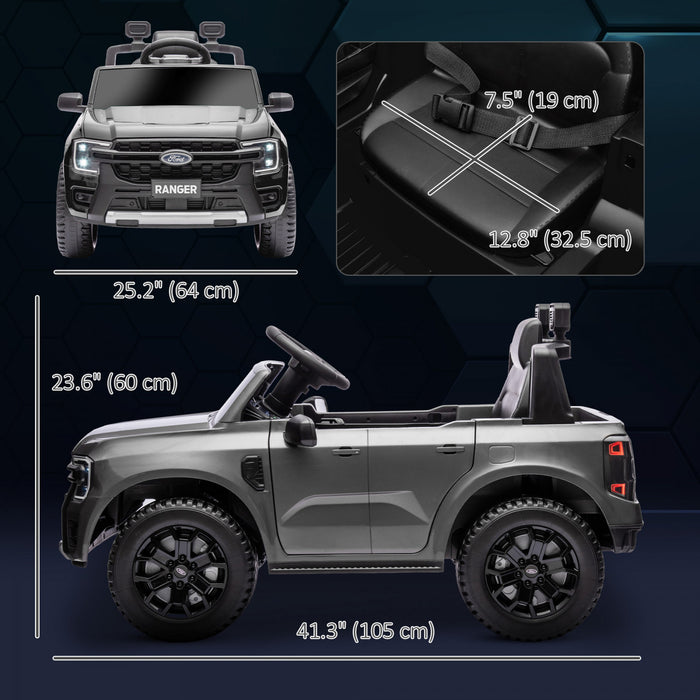 Qaba Ford Ranger Licensed 12v Powered Ride-On Car With Rear Storage, Battery Powered Kids Electric Car Truck With Remote Control, Spring Suspension, Headlights, Music Horn, Grey