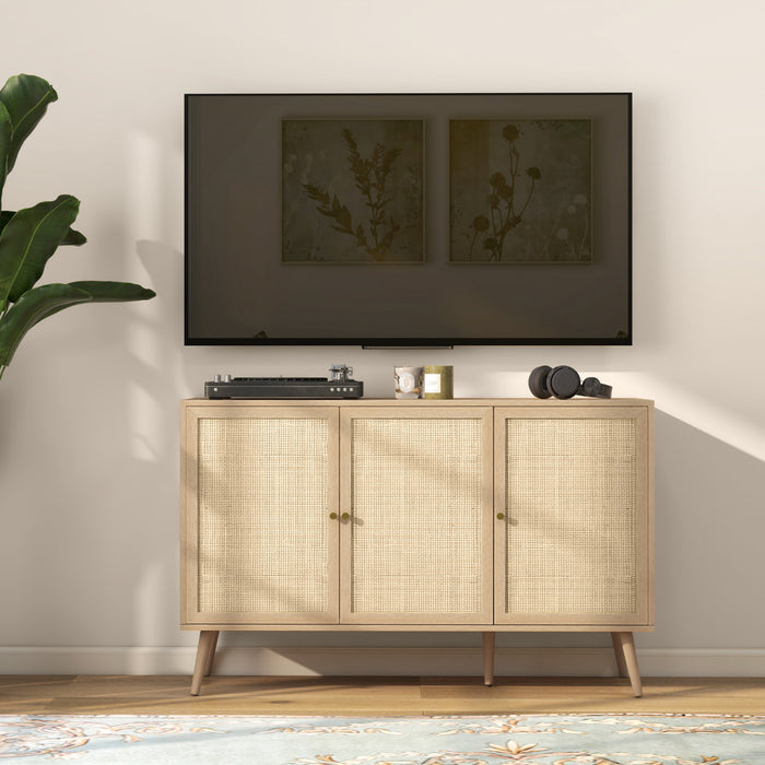 HOMCOM Boho Sideboard Buffet Cabinet with Decorative Rattan Doors, Natural