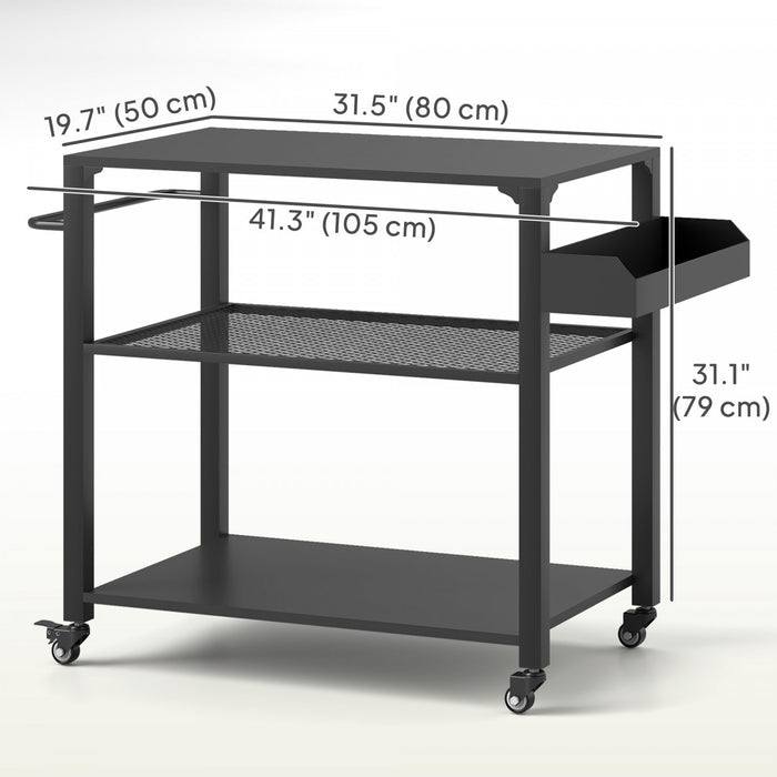 Outsunny Three-Shelf Outdoor Grill Dining Cart, Pizza Oven Stand with Storage Rack, Side Handle, BBQ Movable Food Prep Table with 4 Wheels for Backyard Party