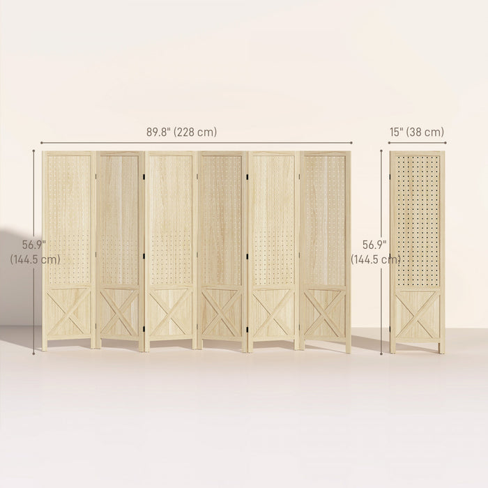 HOMCOM 4.7' 6 Panel Room Divider with Pegboard Display for Indoor, Natural