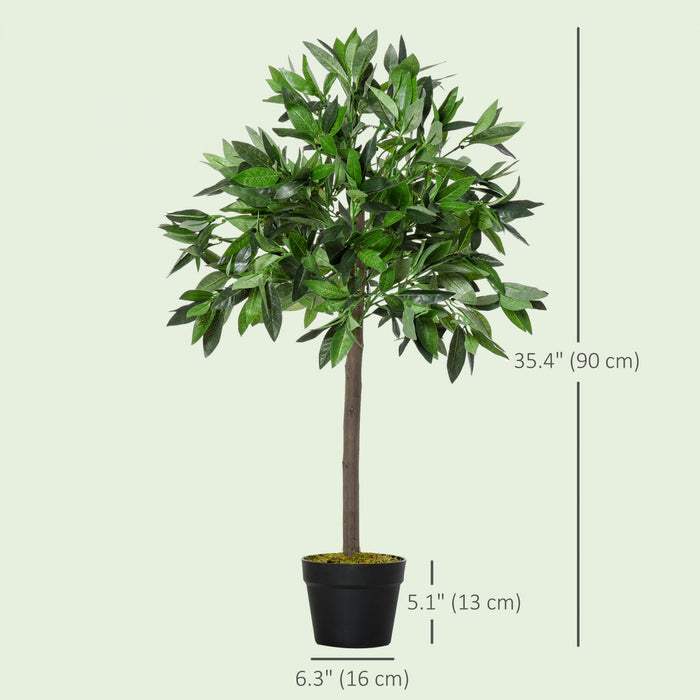 Outsunny 3FT Artificial Laurel Tree Set of 2, Lifelike Potted Fake Plant