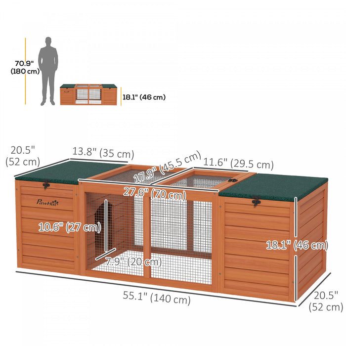 Pawhut Rabbit Hutch Wooden, Rabbit Cage With Double Main House, Openable Tops, Asphalt Roofs For Guinea Pig, Small Animal Cage, Outdoor Use, 55\" X 20.5\" X 18\", Orange