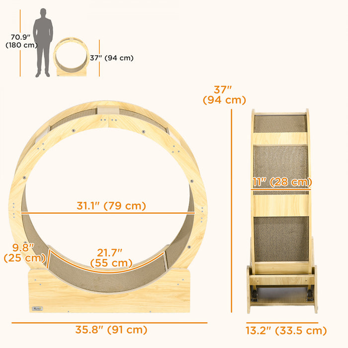 Pawhut 36 Inch Cat Wheel Exerciser For Indoor Cats, Kitten Treadmill With Carpeted Runway And Brake, Kitty Running Toy For Fitness & Healthy, Oak