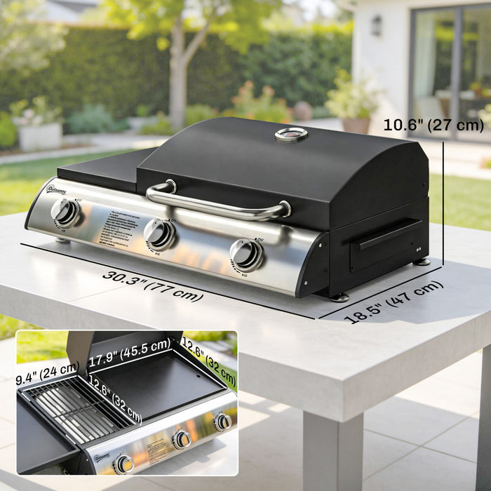 Outsunny 3 Burner Portable Propane Gas Grill Griddle, 2-in-1 Tabletop Grill and Griddle Combo with Convertible Shelf, Thermometer, Lid, Adjustable Foot Pads, 28,500 BTU, Black