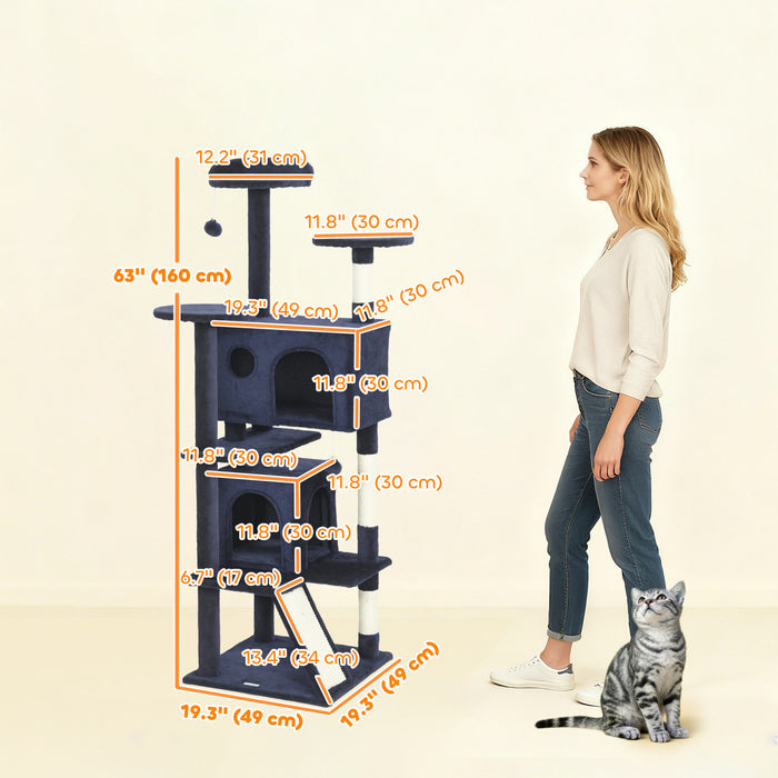 PawHut 63\" Cat Tree, Cat Tower for Indoor Cats with Scratching Posts, Cat Condos, Bed, Platforms, Ramp, Toy Ball, Cat Activity Center, Dark Blue