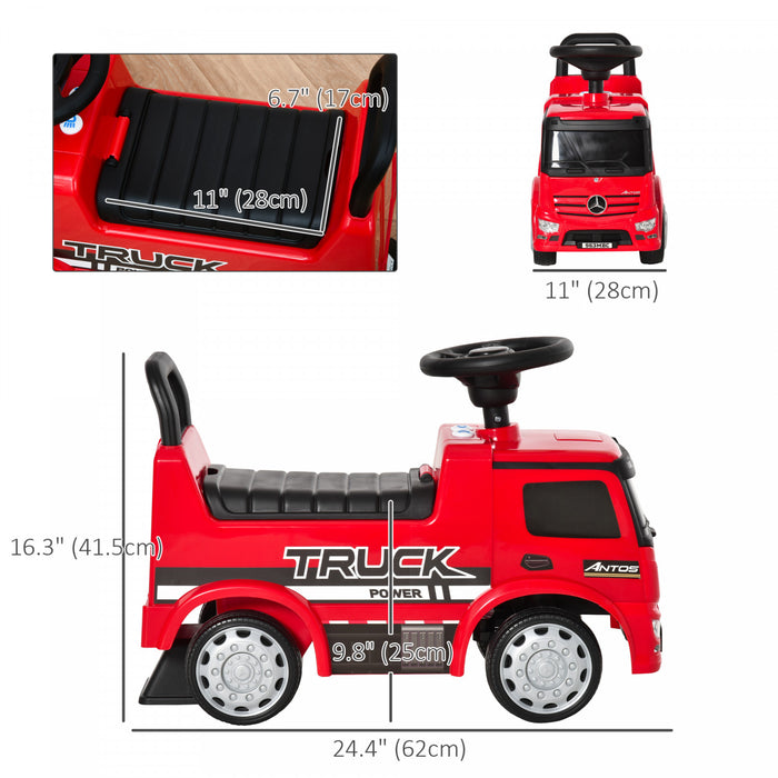 Qaba Mercedes-benz Antos Licensed Baby Car, Kids Ride On Car With Under-seat Storage, Foot To Floor Slider With Steering Wheel, Horn, Headlight, For 18-36 Months, Red