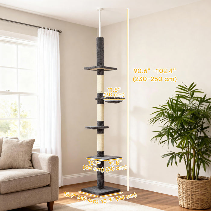 PawHut 102\" Cat Tree 5-Tier Floor-to-Ceiling Cat Tower Kitty Activity Center with Scratching Post Play Rest Post Pet Furniture Dark Grey
