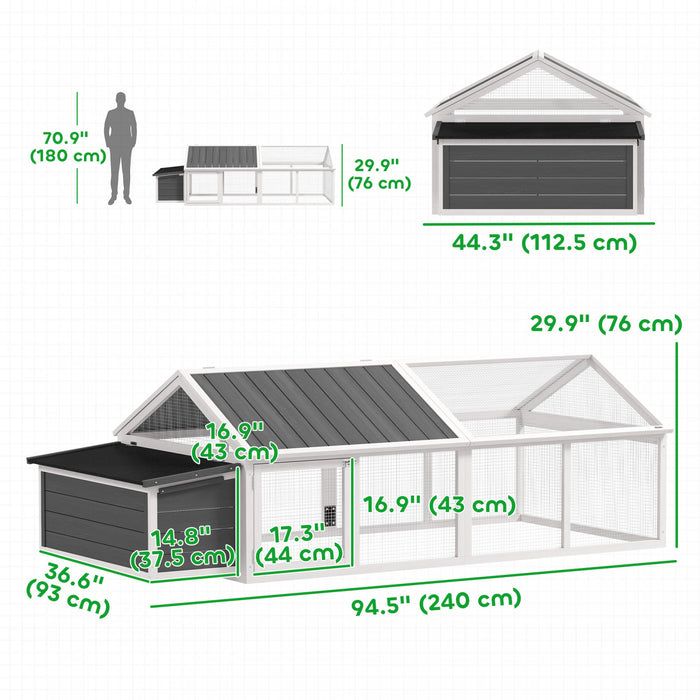 Pawhut 95\"L Large Chicken Run, Wooden Chicken Coop with Nesting Box, Lift-up Top, Side Door and Wooden Roof, Poultry Cage for Outdoor, for 4 to 8 Chickens, Rabbits, Ducks, White
