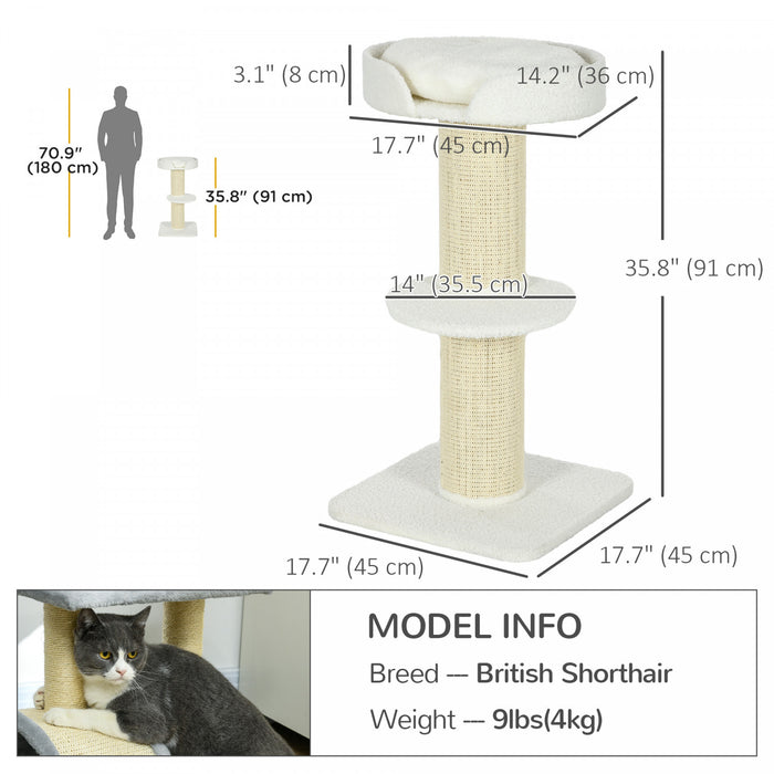 Pawhut 36\" Cat Tree Multi-level Kitty Tower With Sisal Mat Scratching Post, Cat Bed, Cushion, Perch, Cream White