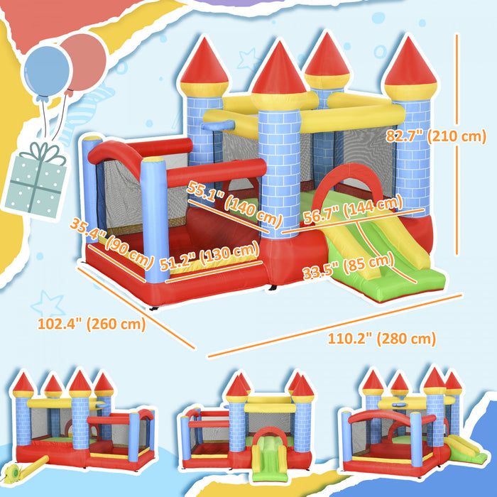 Qaba 9.2 x 9.5FT Bouncy Castle for Kids, 4 in 1 Inflatable Bounce House with Trampoline, Slide, Water Pool, Basket, Blower, Carry Bag, Indoor Outdoor Bouncer for Age 3-8