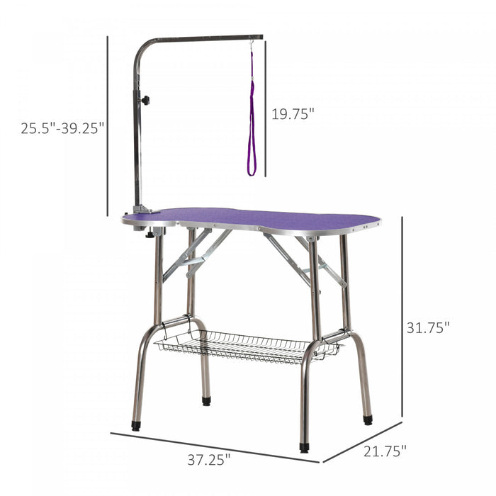 Pawhut 37\" Foldable Pet Grooming Table Dog Drying Table With Adjustable Arm Non-slip Rubber Tabletop Aluminium Alloy Edge Stainless Steel Bar Hanging Leash Purple