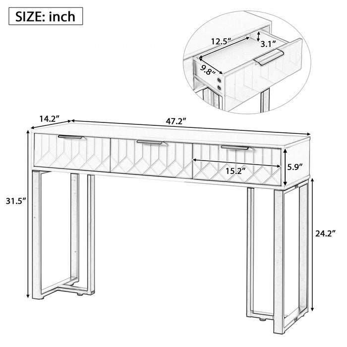 Horizon Modern Console Table with Geometric Drawers and Gold Frame, White/Gold