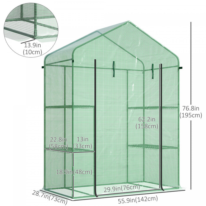 Outsunny 56\" X 29\" X 77\" Mini Greenhouse, Walk-in Greenhouse, Garden Hot House With 4 Shelves, Roll-up Door And Weatherized Cover, Deep Green