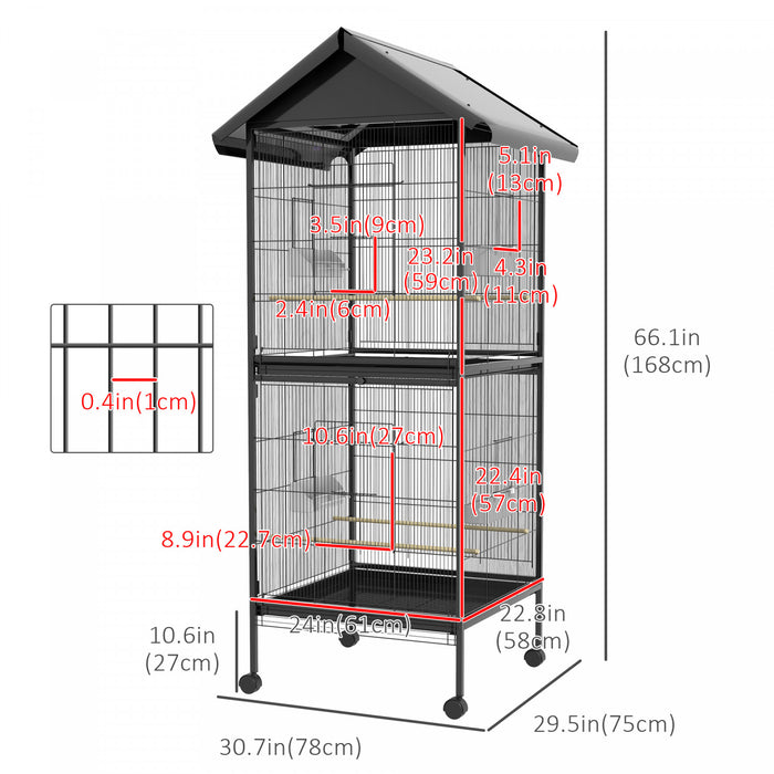 Pawhut Wrought Metal Bird Cage Feeder With Rolling Stand Perches Food Containers Doors Wheels 67\" H, Black