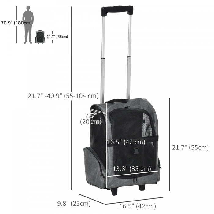 PawHut 2-IN-1 Pet Luggage Box Backpack Carrier Cats Dogs w/ Handle, Rolling Wheel Grey