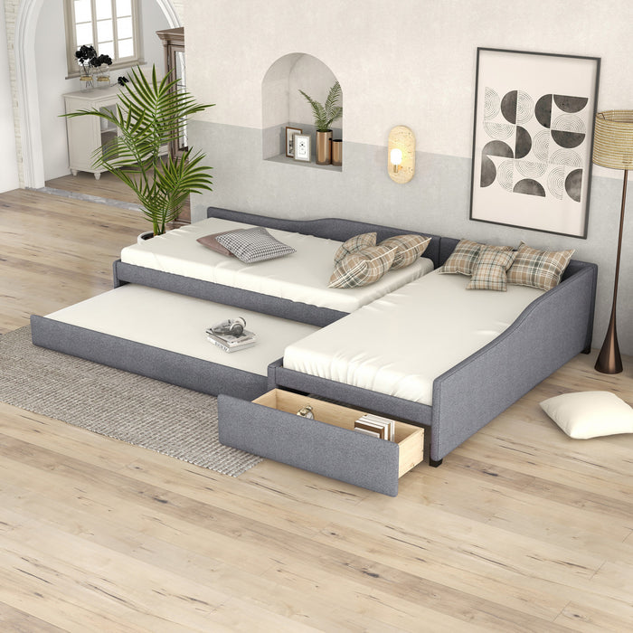 Tyler Linen-look Fabric Upholstered Daybed With Trundle And Storage, Twin Size, Grey