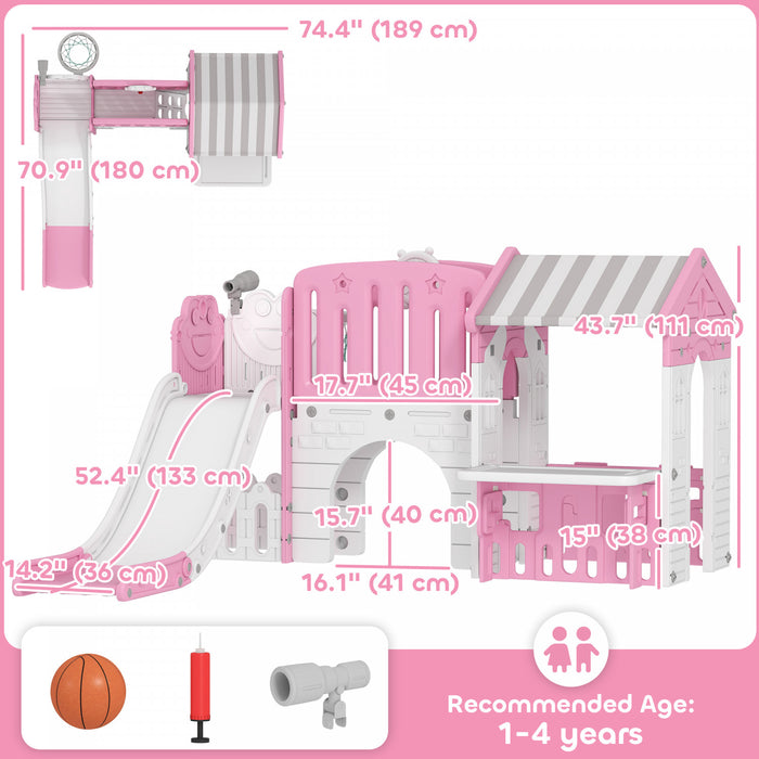 Qaba 7-in-1 Toddler Slide with Playhouse, Kids Slide Climber Playset with Basketball Hoop and Tunnel for Age 1-4 Years Indoor Play, Pink