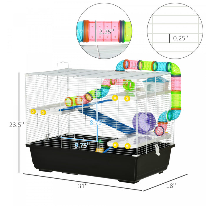 Pawhut 31\" Large Hamster Cage, Small Animal House, Multi-storey Gerbil Haven, Tunnel Tube System, With Water Bottle, Exercise Wheel, Food Dish, Ramps, Black