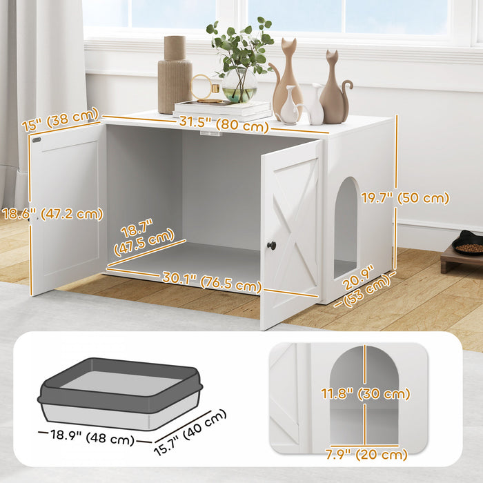 Pawhut Cat Litter Box Enclosure, Hidden Washroom Furniture With Doors, Cat Hole, Handles, Indoor Pet House Side End Table Fit Most Of Cat And Litter Box, 31.5\" X 21\" X 20\", White