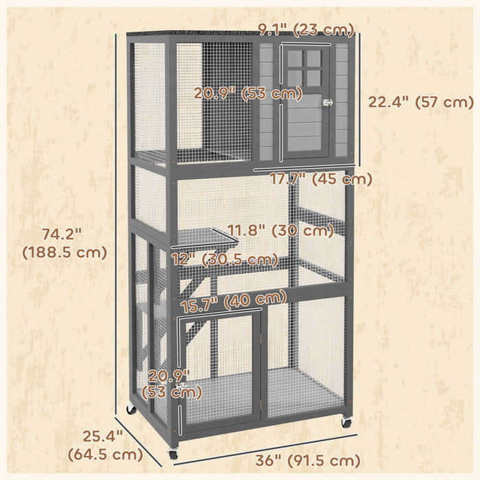 Pawhut 74\" Wooden Outdoor Cat House Weatherproof & Wheeled, Catio Outdoor Cat Enclosure With High Weight Capacity, Kitten Cage Condo, Light Grey