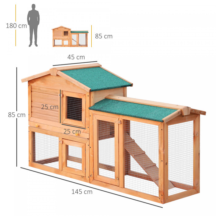 Pawhut Two-level Rabbit Hutch Small Animal House Pet Bunny Cage Home W/ Outdoor Run Water & Uv Resistant Roof Access Ramp Natural Finish Guinea Pig Bunny Hamster Habitat