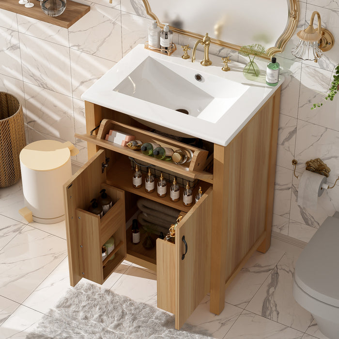 Nolan 24 Inch Modern Wood Bathroom Vanity with Ceramic Sink & Storage, Brown
