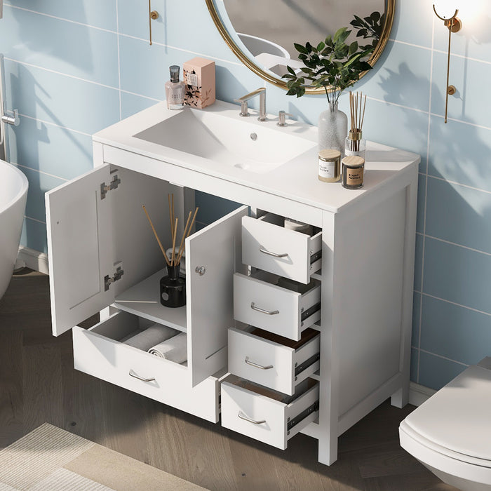 Derek 36 Inch Modern Bathroom Vanity with Ceramic Sink & Multi Storage, White