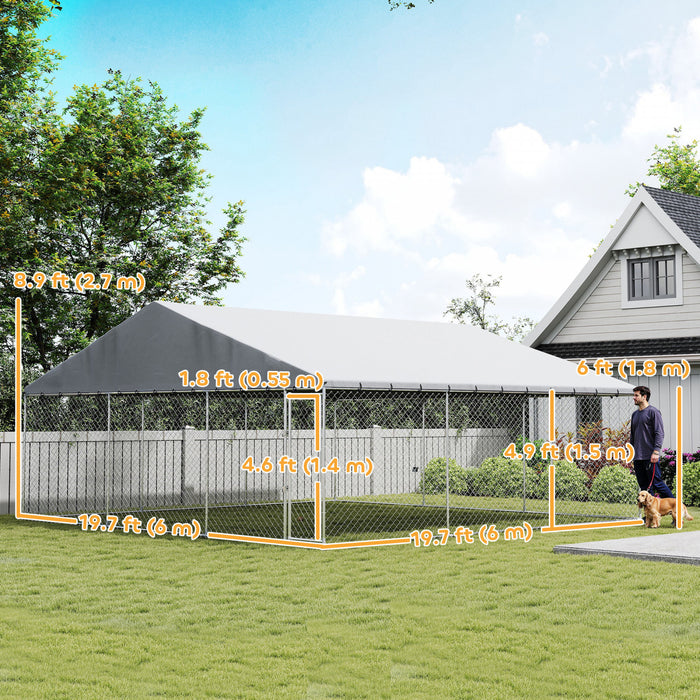 PawHut Large Dog Kennel with Roof and Safety Lockable Latch, Heavy-Duty Galvanized Steel Dog Run Chain Link w/ Waterproof UV-Resistant Cover, 19.7' x 19.7' x 8.9'