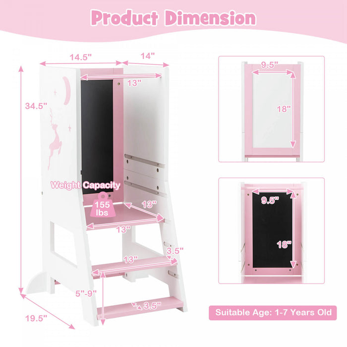 Costway Toddler Kitchen Stool Helper Baby Standing Tower With Chalkboard & Whiteboard Pink