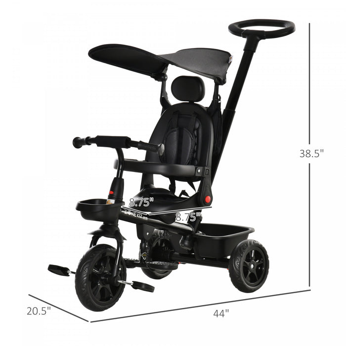 Qaba Kids Tricycle 4 In 1 Trike With Reversible Angle Adjustable Seat Removable Handle Canopy Handrail Belt Storage Footrest Brake Clutch For 1-5 Years Old Black